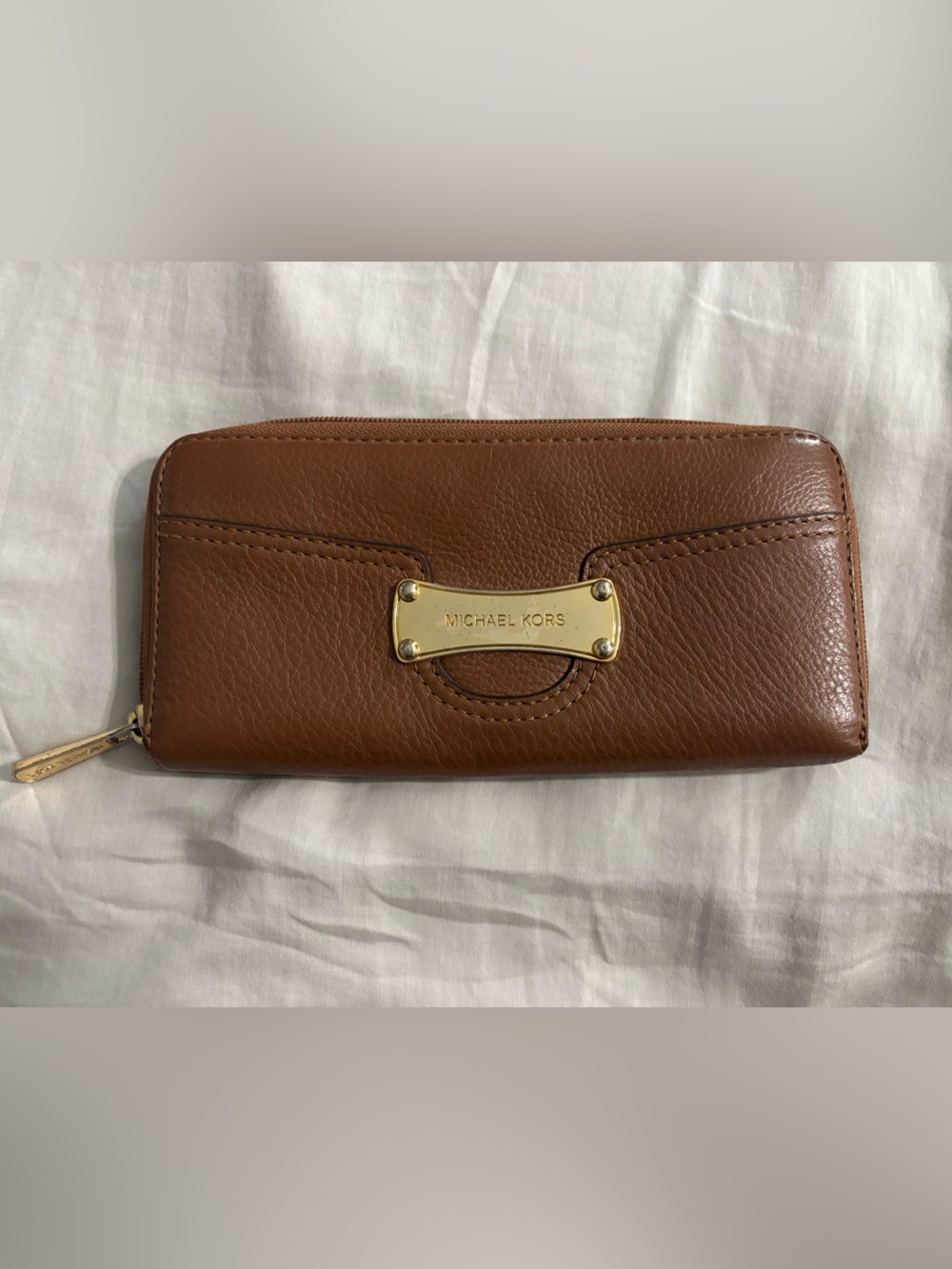 Michael Kors Cognac Brown Leather Zip Around Wallet with Gold Plaque